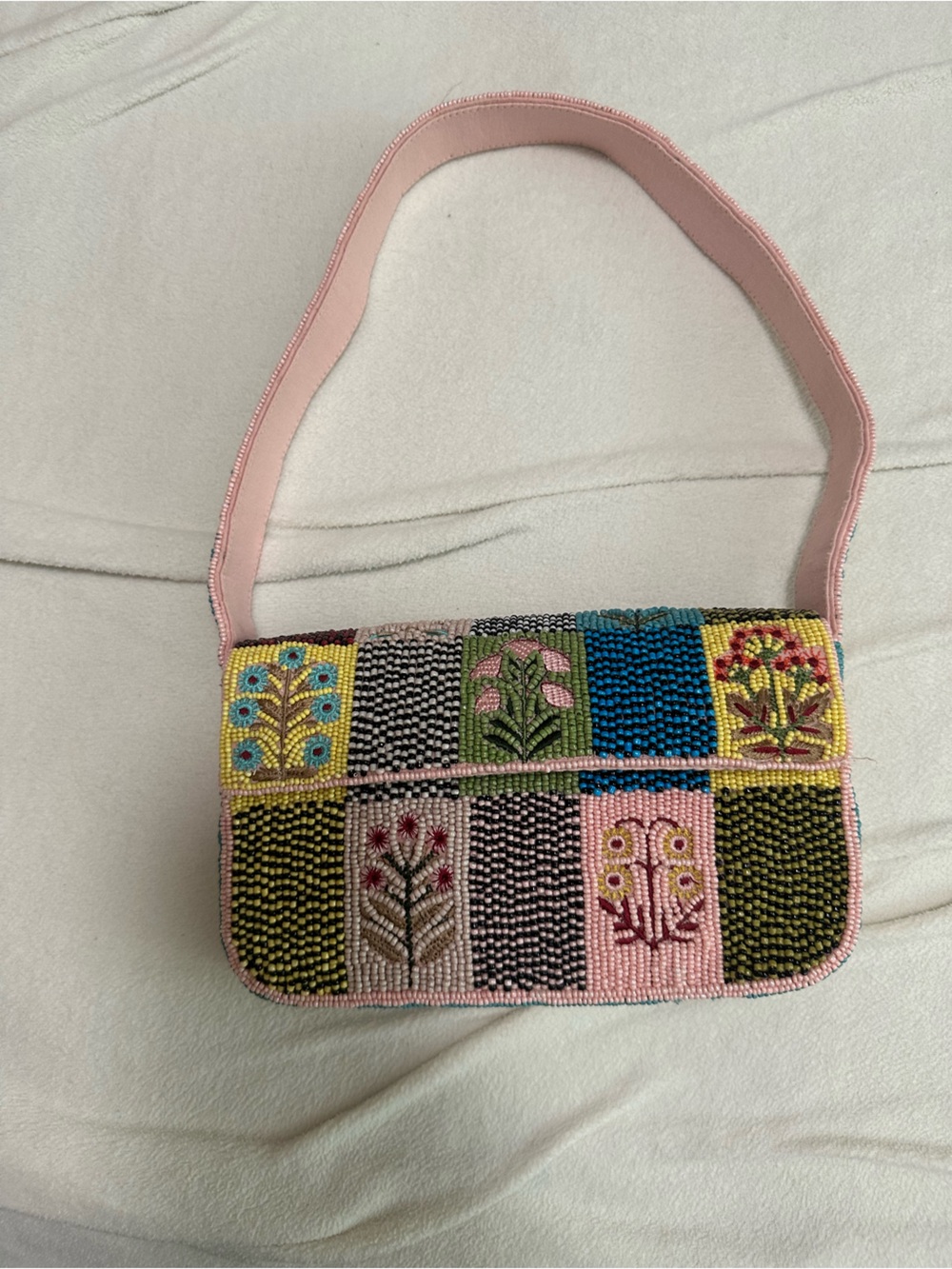 Maeve Beaded Floral Patchwork Shoulder Bag in Pink, Blue, Yellow, Green